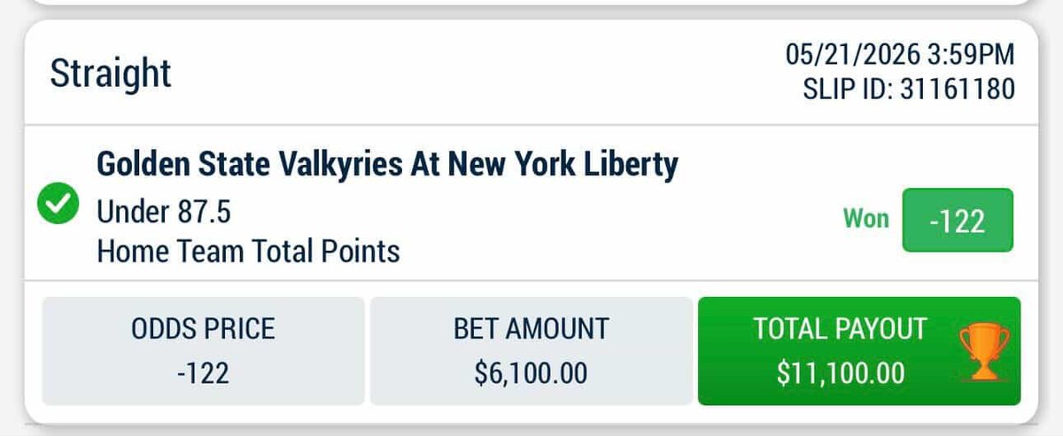 Winning ticket with $11,100 payout