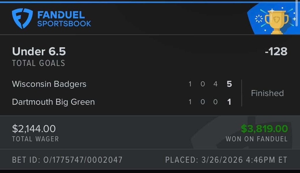 Wisconsin Dartmouth winning FanDuel ticket, 2144 dollar wager