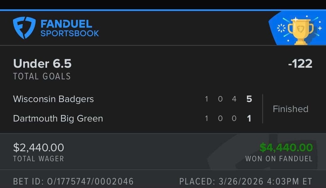 Wisconsin Dartmouth winning FanDuel ticket, 2440 dollar wager
